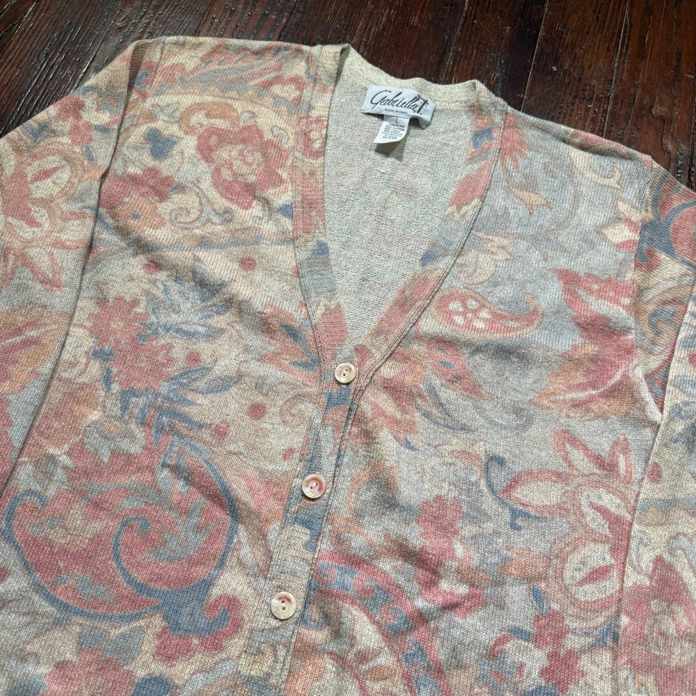 Gabriella T Cardigan Womens L Multicolor Paisley Floral Cotton Linen Italy Made